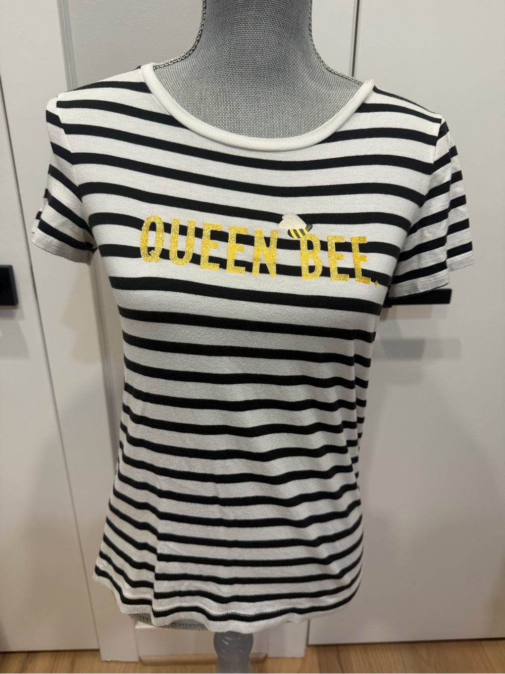kate spade Black & White Striped 'Queen Bee' Short Sleeve Tee with Gold Accent
